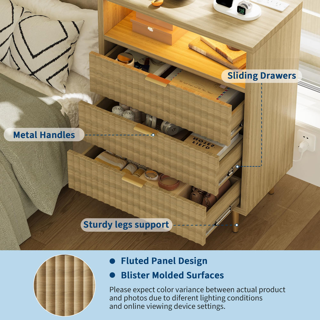 28"W 3 Drawers Dresser with LED and Charging Station, Oak