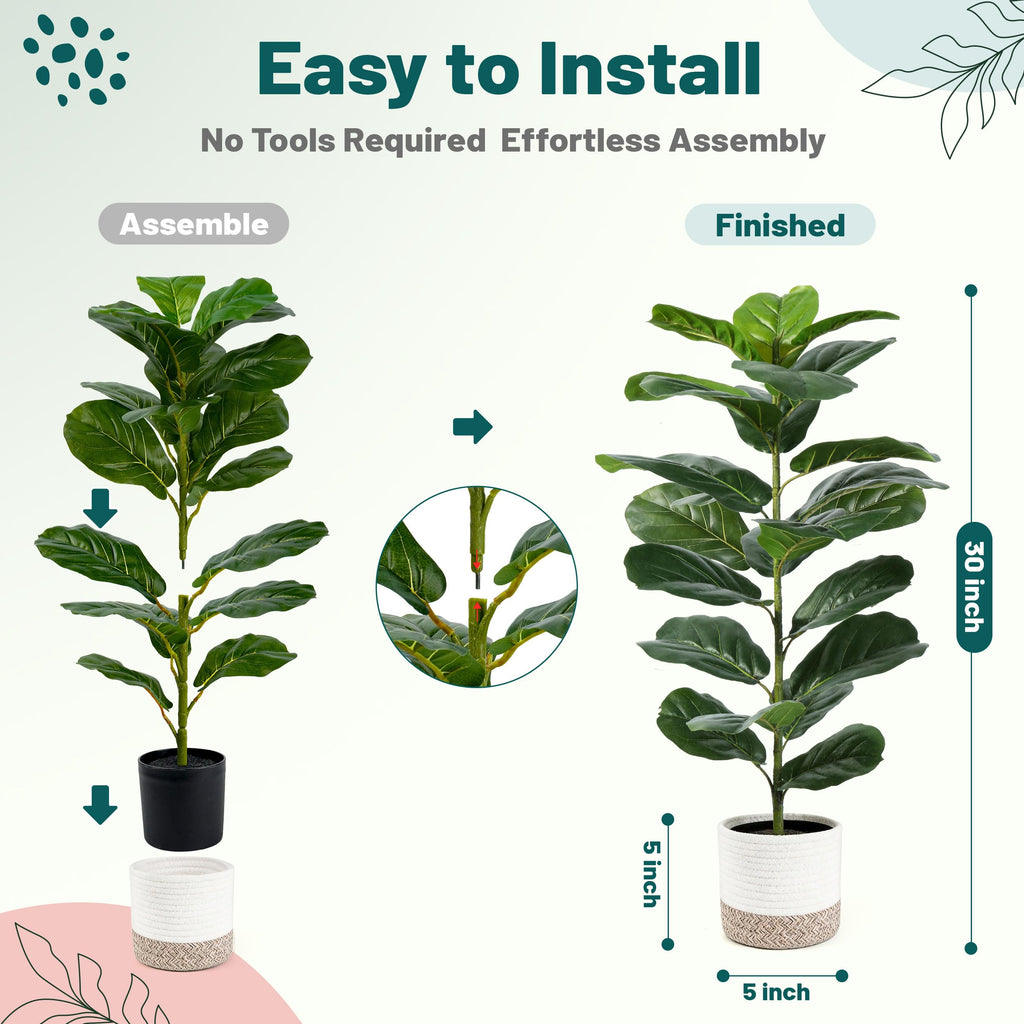 2 Pack 30" Fake Plants, Fiddle Leaf Fig Trees with Woven Baskets