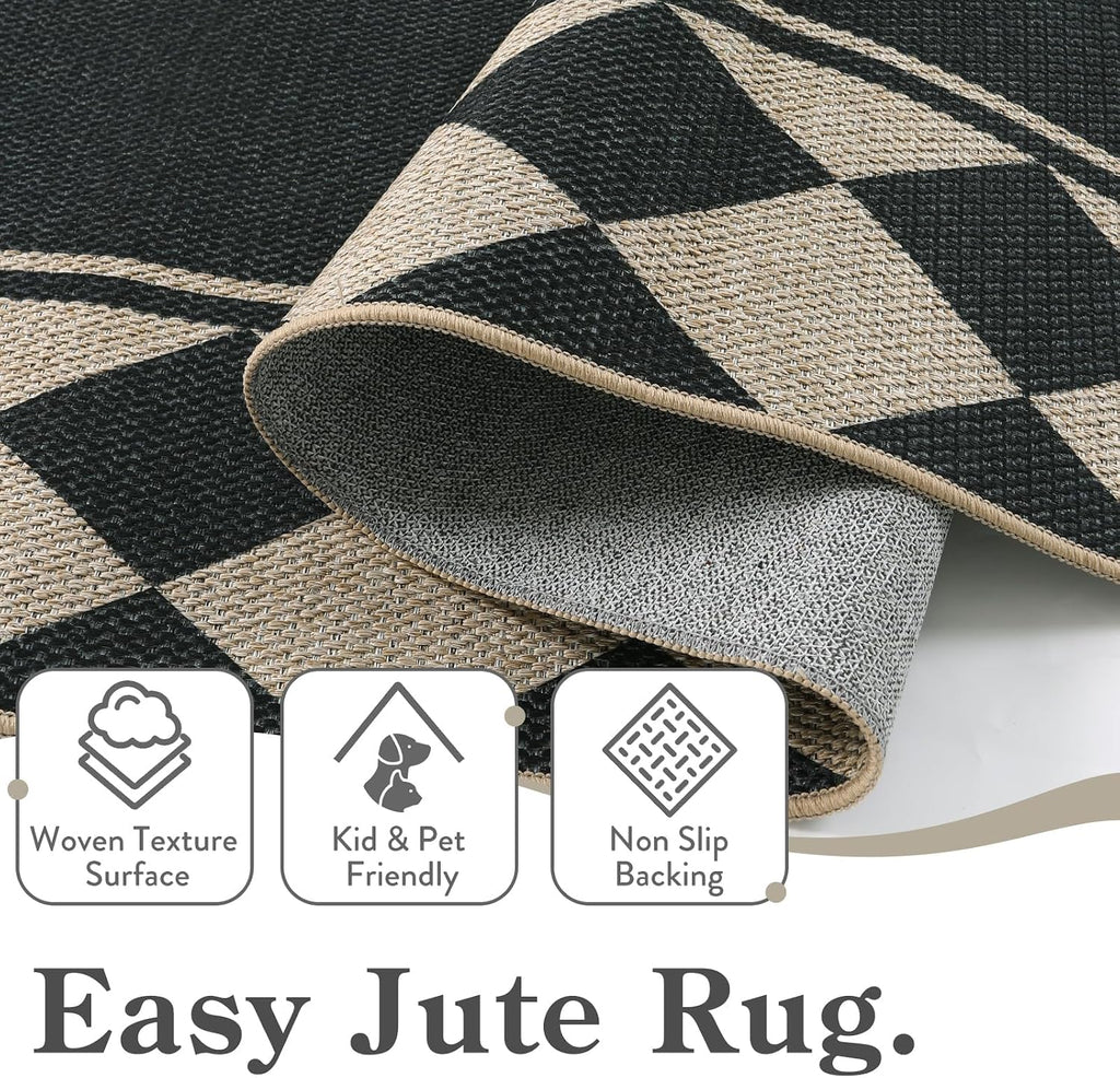 Easy Jute Indoor Outdoor Rug, Black Checkerboard Area Rug