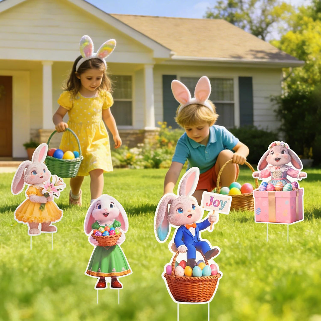 9-Piece Easter Bunny Yard Signs with Stakes, Cute Rabbit Outdoor Lawn Decorations for Easter Egg Hunts, Spring Garden - Set of 9