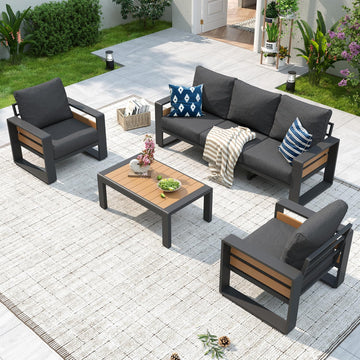 Aluminum Patio Furniture Set, 5 Seats Luxury Outdoor Sectional with 6" Olefin Fabric Cushions, Conversation Set with