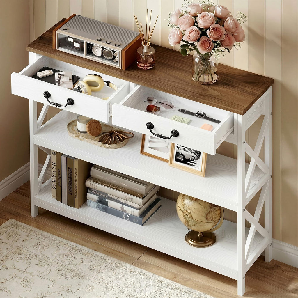 39.4" Farmhouse Console Table with Storage, White/Walnut