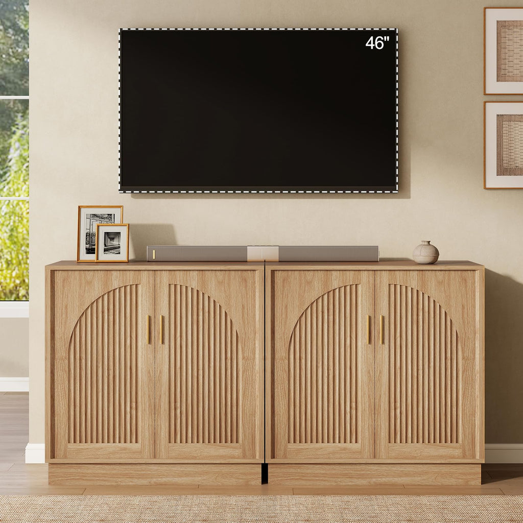 31.5" Fluted Sideboard Cabinet with Arched Doors, Buffet Cabinet, Light Oak