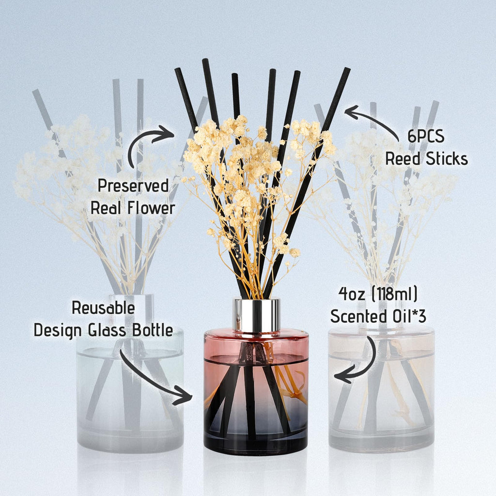 3 Pack Reed Diffuser, Oil Diffuser Sticks, Fresh Linen, White Jasmine, Lavender Vanilla (4 fl oz Each Pack), Home