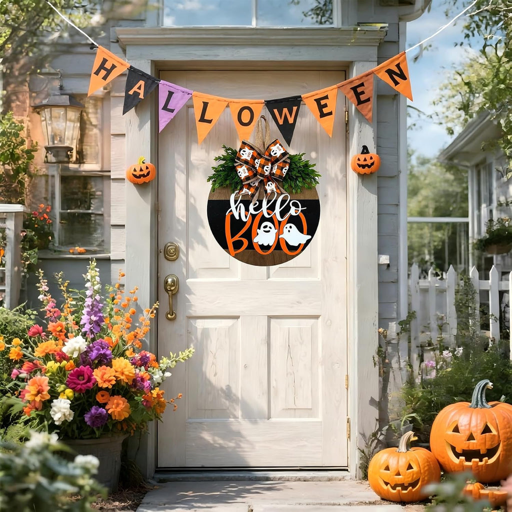 Halloween Wreaths for Front Door, Cute Ghost Wreath with Bow Decor