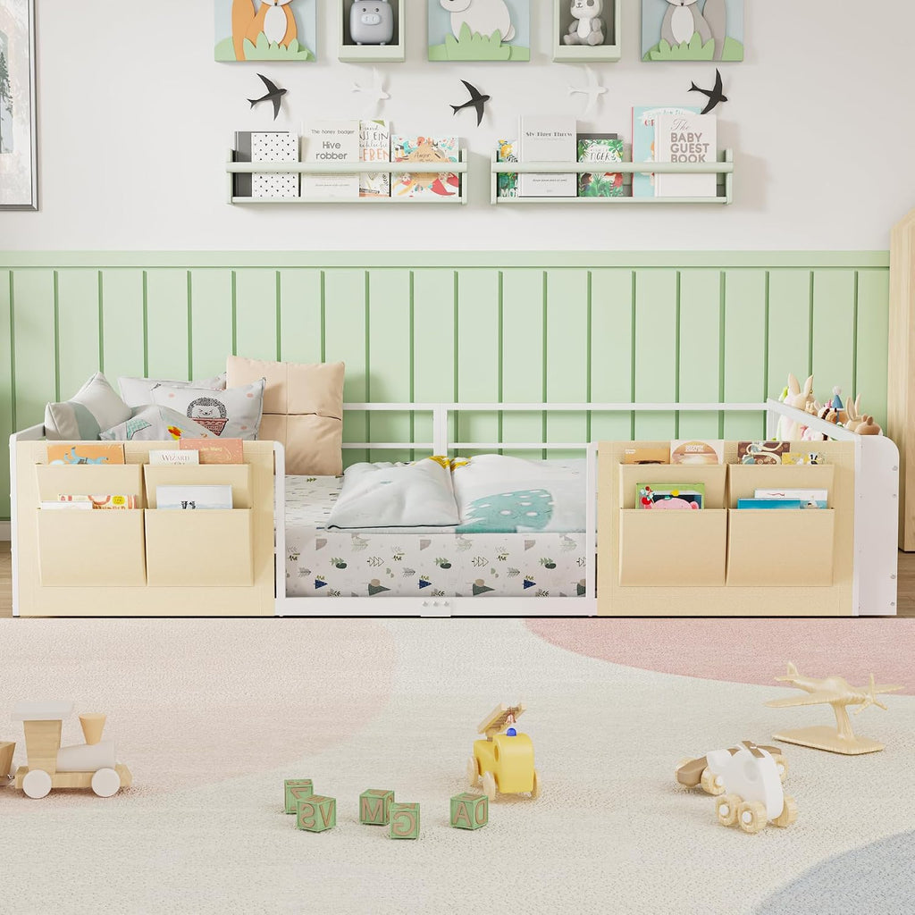 Montessori Floor Bed with Bookshelf & Storage Caddy