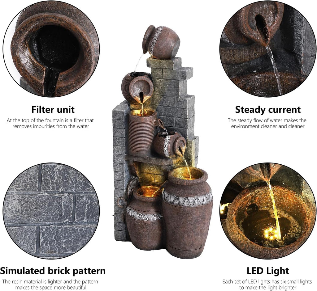 6-Tiers Outdoor Indoor Fountains Modern Resin Floor-Standing Cascading Water Feature Fountain with LED Lights