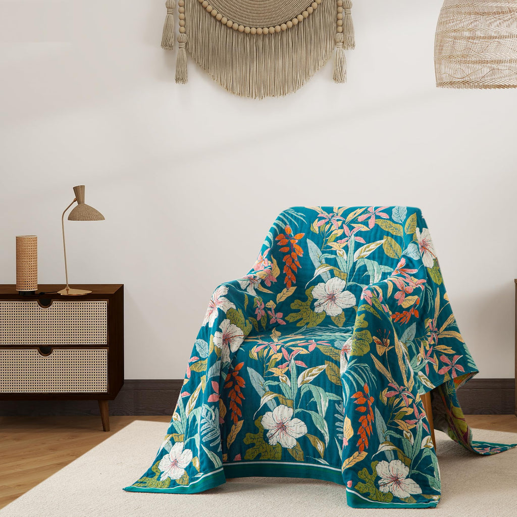 Boho Throw Blanket Twin Size, Soft Cozy Cotton Muslin Quilt Blanket for Bed Decor, Floral Patterned Couch Sofa Chair