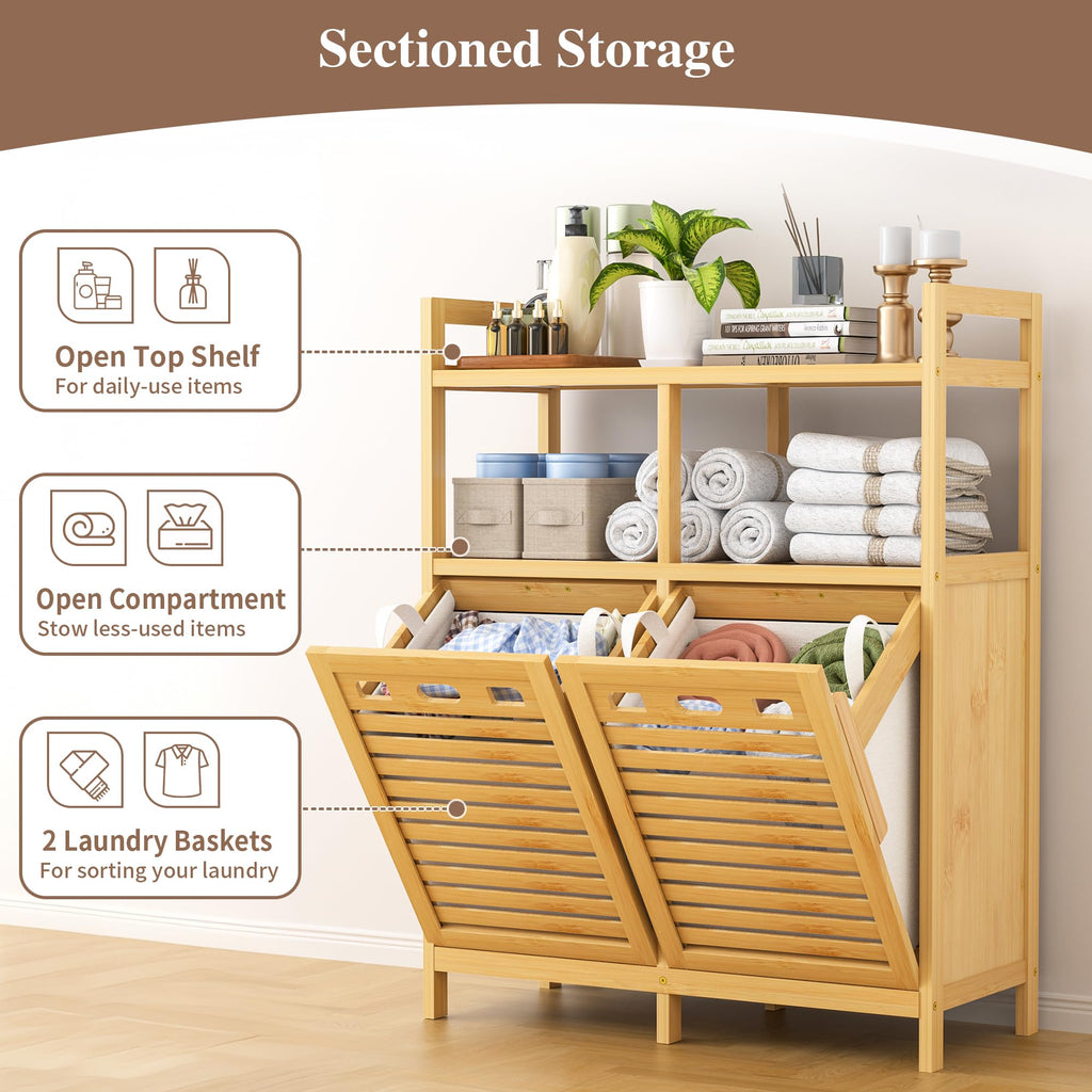 Tilt Out Laundry Hamper Cabinet, Bamboo Double Laundry Hamper with 2 Removable Laundry Baskets, 20 Gal Laundry Sorter
