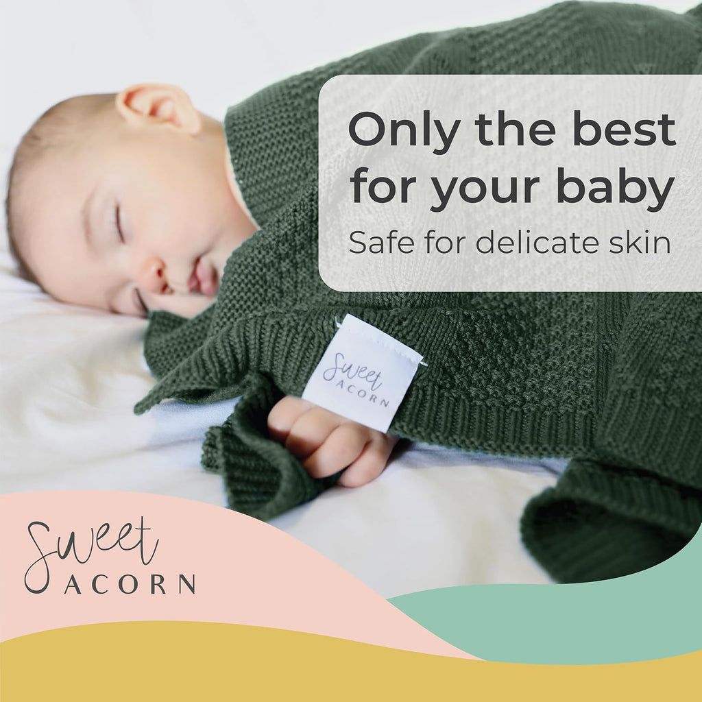 Knit Baby Blanket in Elegant Pattern, Organic Cotton Blankets for Crib or Stroller, Receiving Blankets - Juniper Green