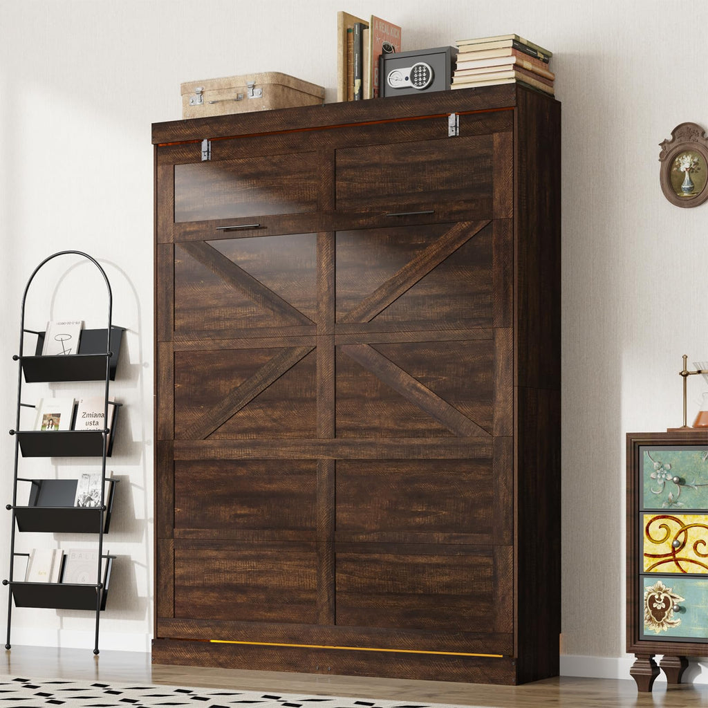 Full Size Murphy Bed with 2 LED Lights, Farmhouse Wood Hidden Foldable Wall Bed Frame w/Gas Struts, Storage Bed