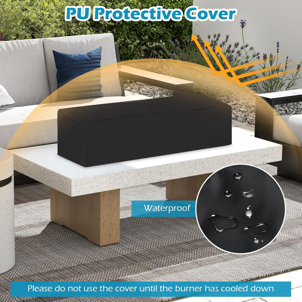 30 Inch Table Top Propane Fire Pit, 40,000 BTU Rectangular Tabletop Firepit with Wind Guard, Glass Rocks & Cover