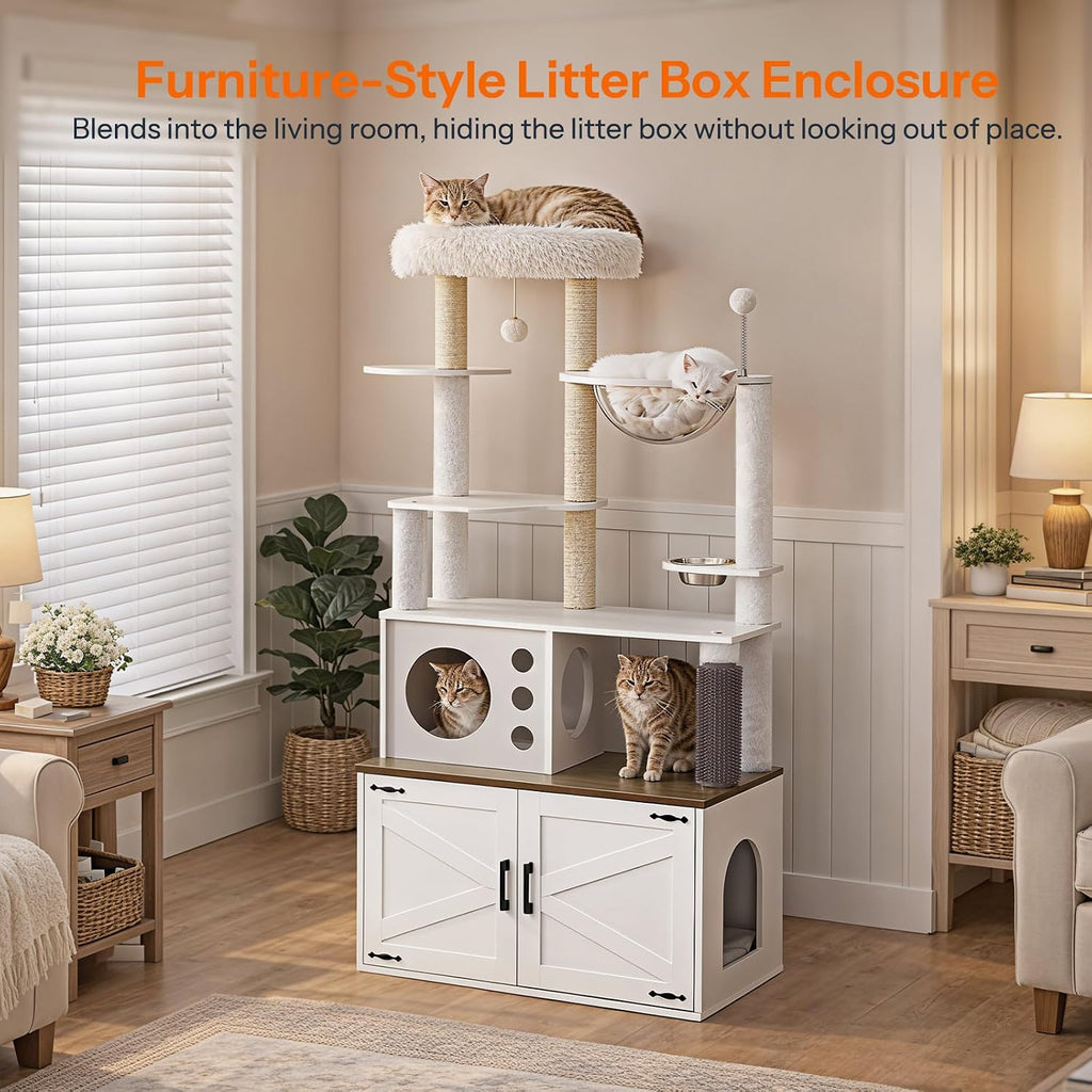 Cat Tree with Litter Box Enclosure, 65.7'' Modern Cat Tower, 2-in-1 Cat Furniture with Cat Condo, Food Station