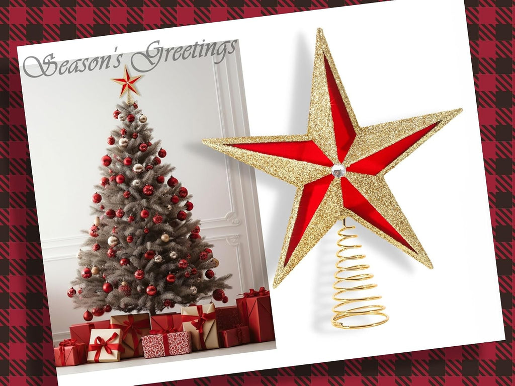 10 inch Large Filigree Red Velvet+Gold Glittered Christmas Star Tree Topper Star for Large Tree 6 feet-8 feet
