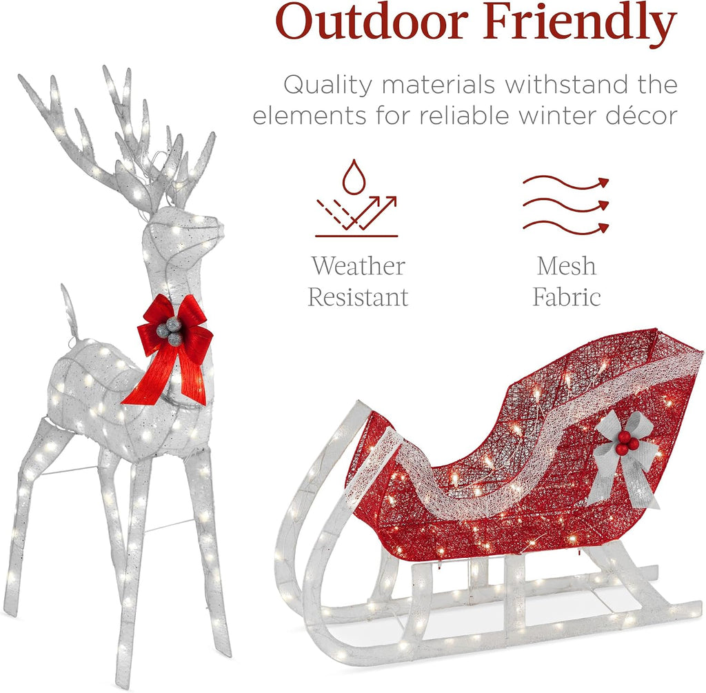 Lighted Christmas 4ft Reindeer & Sleigh Holiday Outdoor Yard Decoration Set w/ 205 LED Lights, Stakes, Zip Ties
