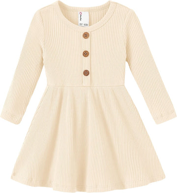 Baby Toddler Ribbed Button Knit Cotton Dress Long Sleeve 3M
