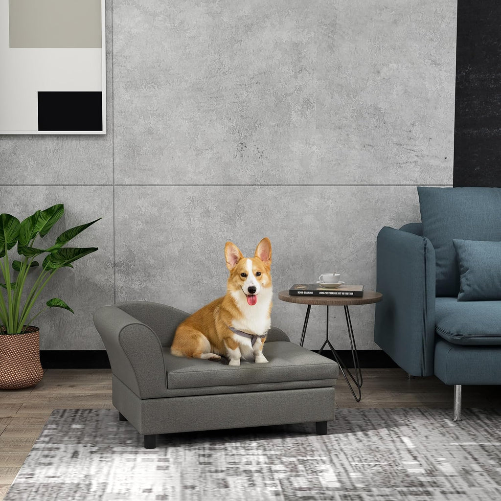 Pet Sofa, Dog Couch, Elevated Pet Bed for Small Dogs, with Hidden Storage, Soft Tufted Cushion, Gray
