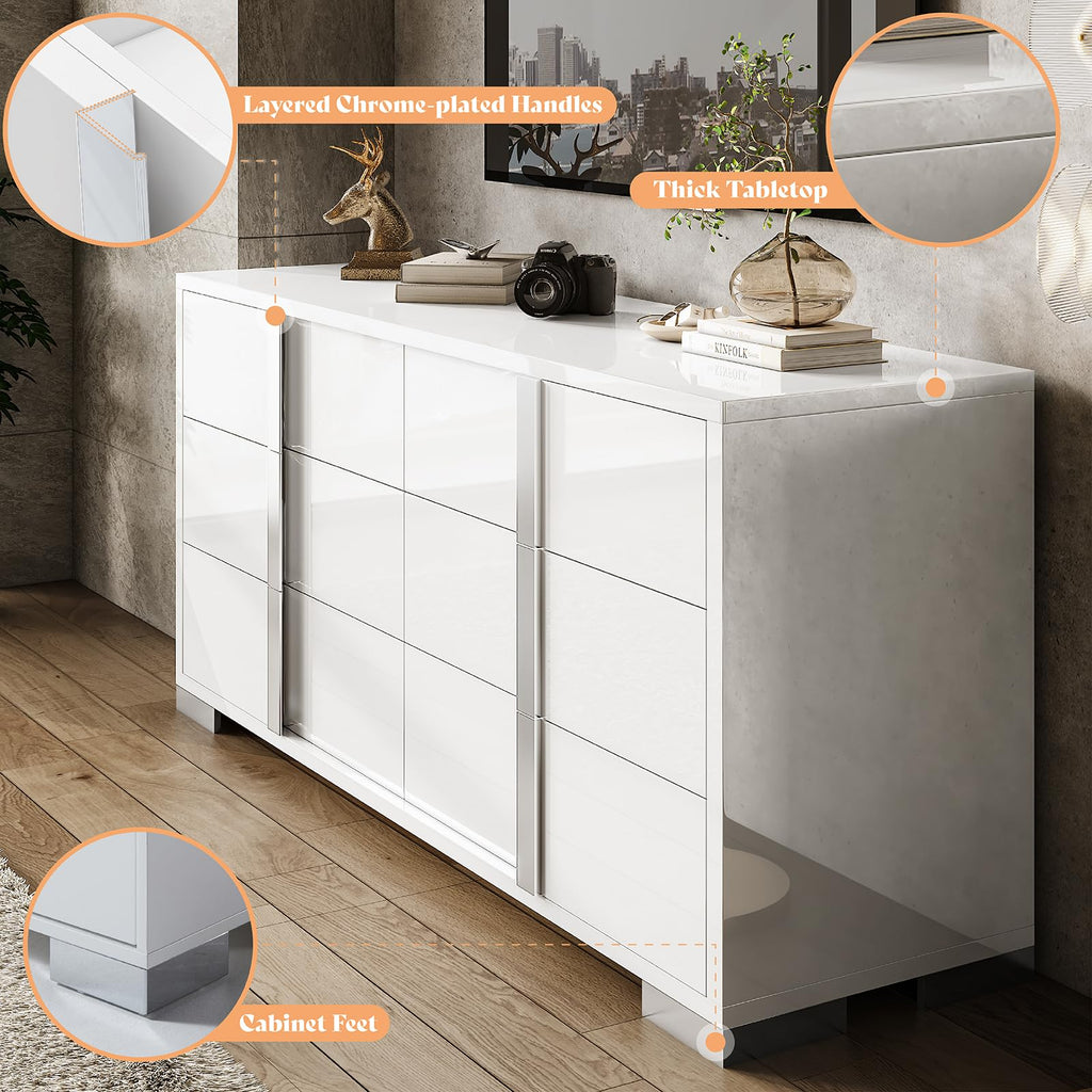 6 Drawer Dresser, Modern Storage Chest, High Gloss Finish, White