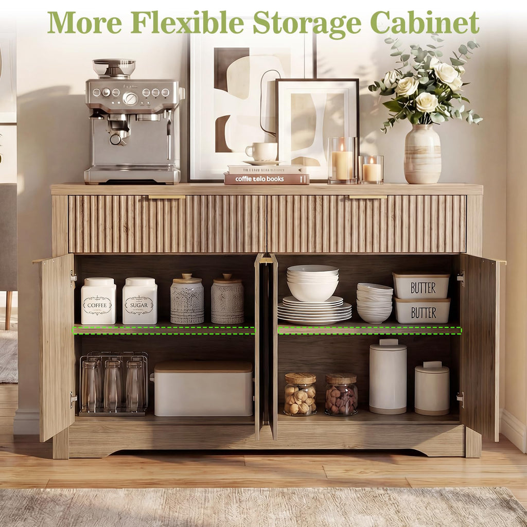 55" Fluted Sideboard Buffet Cabinet with Drawers, Natural Oak