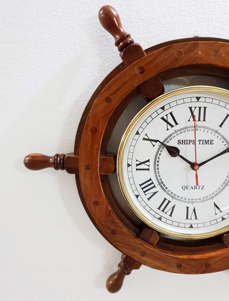 Antique Marine 18" Wooden Ship Wheel Clock Nautical Wall Clock Home Decor