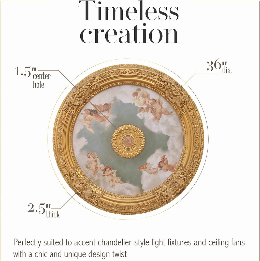 Antique Cherubs Sky Gold Trim Round Chandelier Ceiling Medallion for Home Improvement 36 Inch Diameter Polystyrene