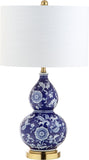 27" Blue/White Ceramic Chinoiserie Table Lamp, Traditional Floral Double Gourd Vase Lamp with White Linen Drum Shade