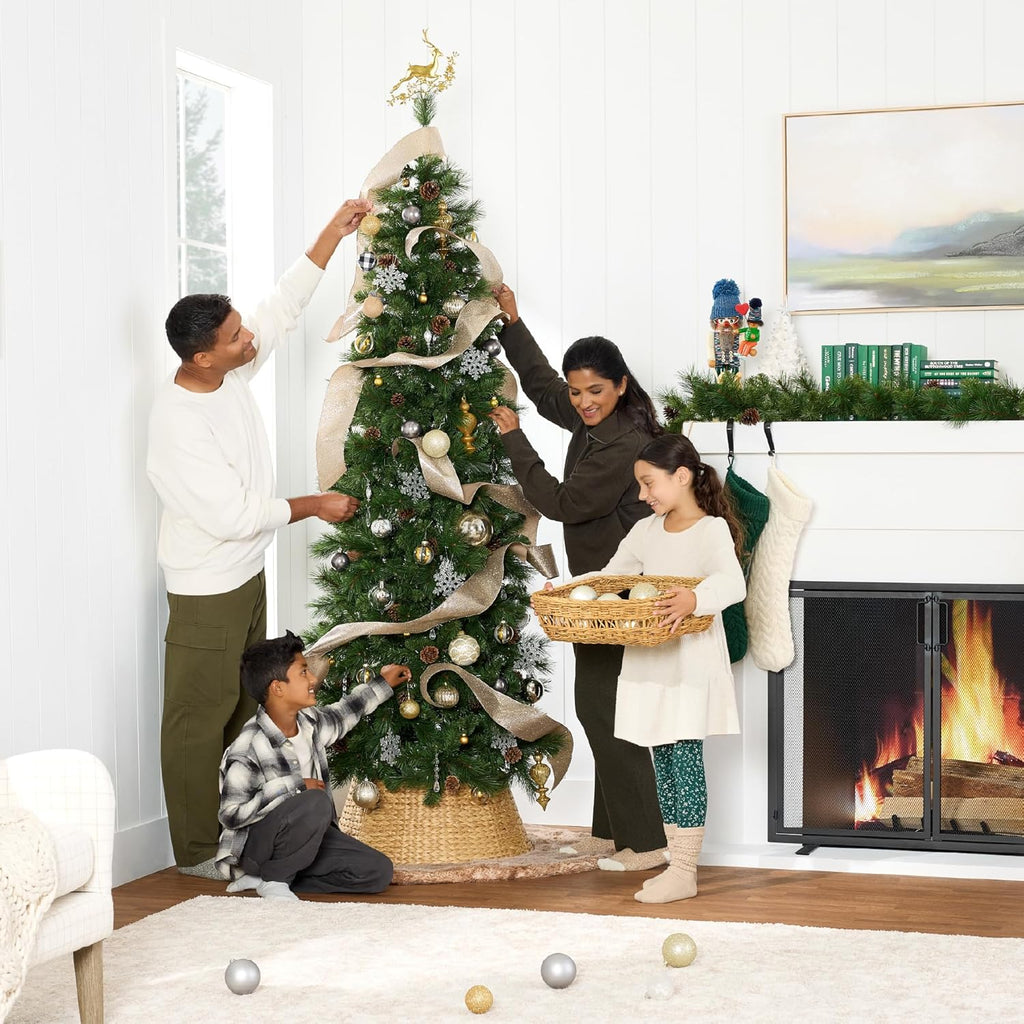 Pre-Lit Scotch Pine Pencil Christmas Tree, Premium Skinny Pre-Decorated Holiday Decor w/White and Multicolor LED