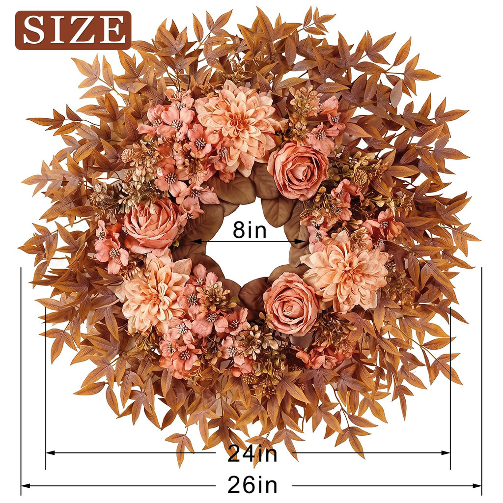 26" Artificial Silk Rose Dahlia Flower Wreath for Front Door (Fall Orange)