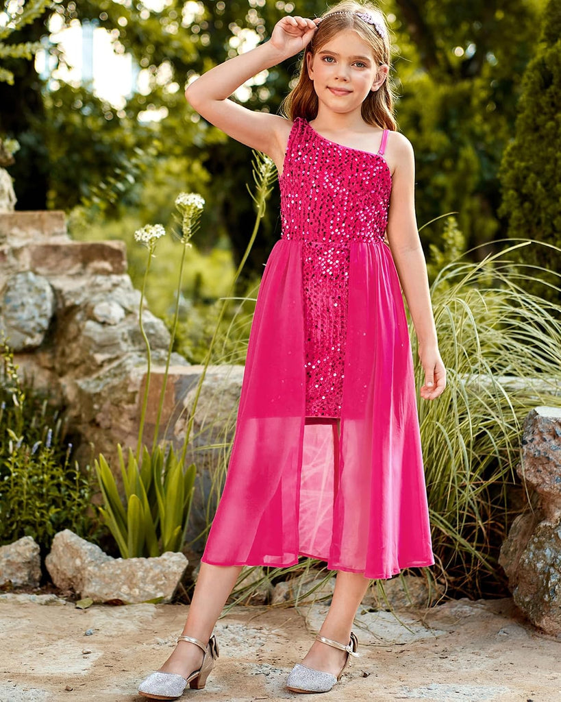 Girls One Shoulder Sparkly Sequin Formal Party Dance Dress