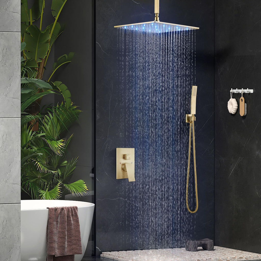 Ceiling Shower Faucet Set with Handheld 16" LED Head Brushed Gold