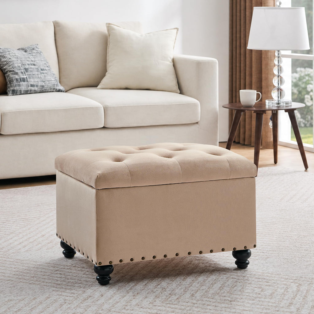 Velvet Storage Ottoman Bench, Button Tufted Ottoman with Hidden Storage, Upholstered Foot Rest Stool with Solid Wood