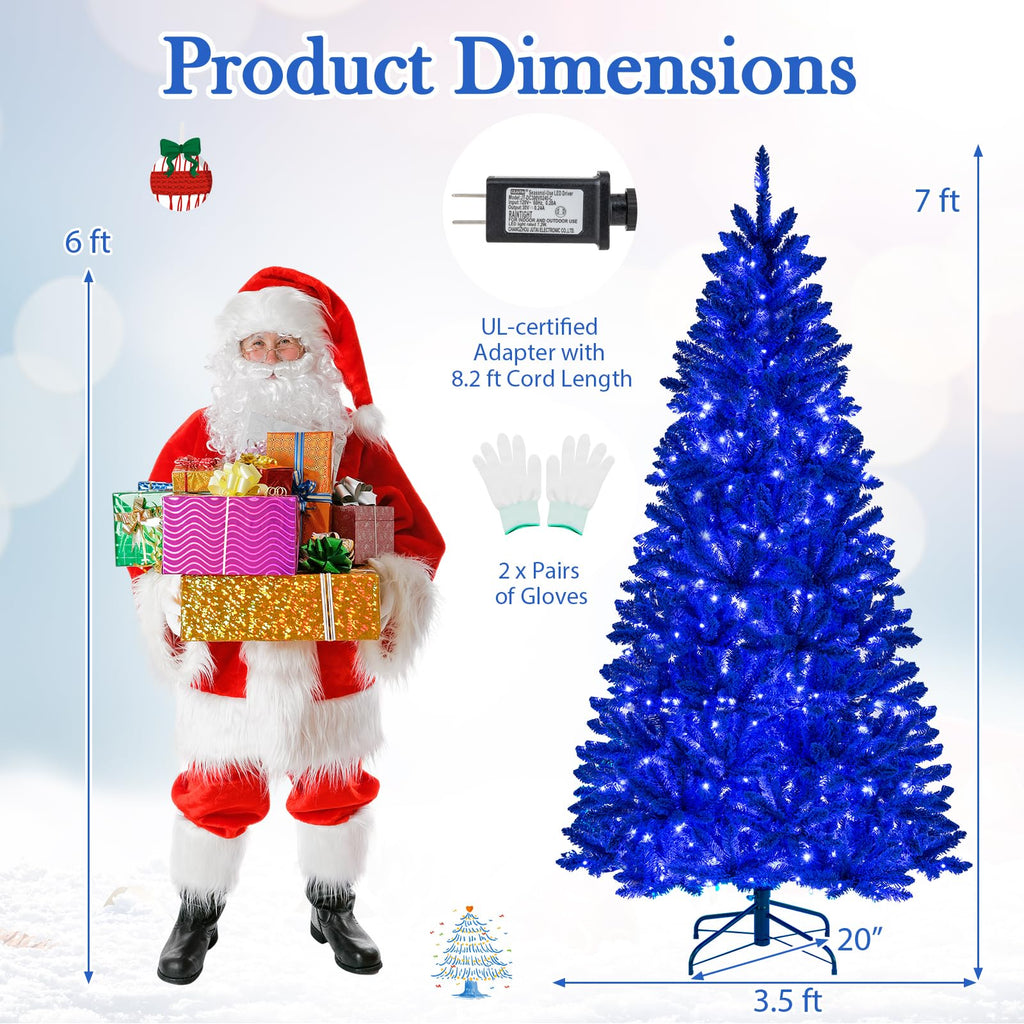 7 FT Pre-Lit Royal Blue Snow Flocked Christmas Tree, Artificial Hinged Xmas Tree with 340 LED Lights, 900 Branch