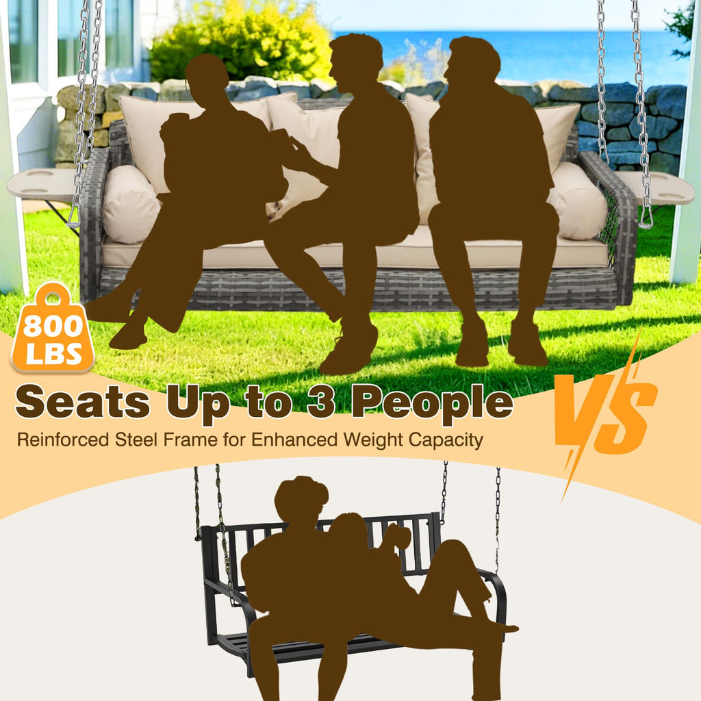 3 Seat Hanging Wicker Porch Swing with Cup Holders, 800Lbs