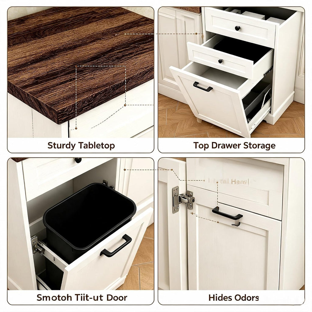 13 Gallon Tilt Out Trash Cabinet Freestanding Wood Garbage Recycling Station with Storage Drawer, Pet Proof Trash Can