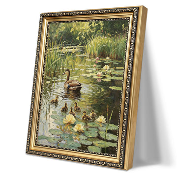 Vintage Country Cottage Duck Pond Framed Wall Art Cute Duckling Wildlife Canvas Print Impressionist Nature Landscape