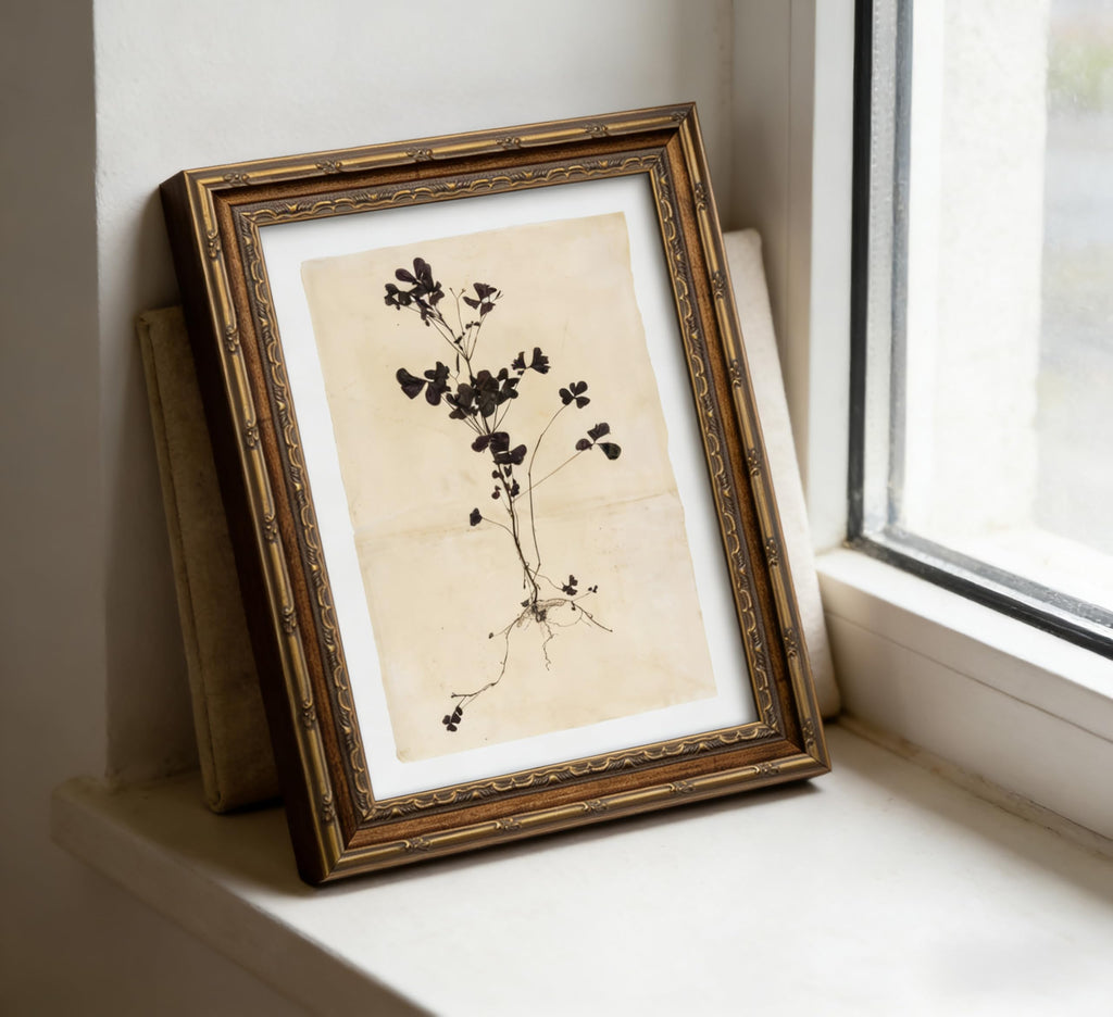 Vintage Gold Framed Wall Art, Pressed Dark Purple Clover Botanical Print, Antique Herbarium Style Plant Art, Ready