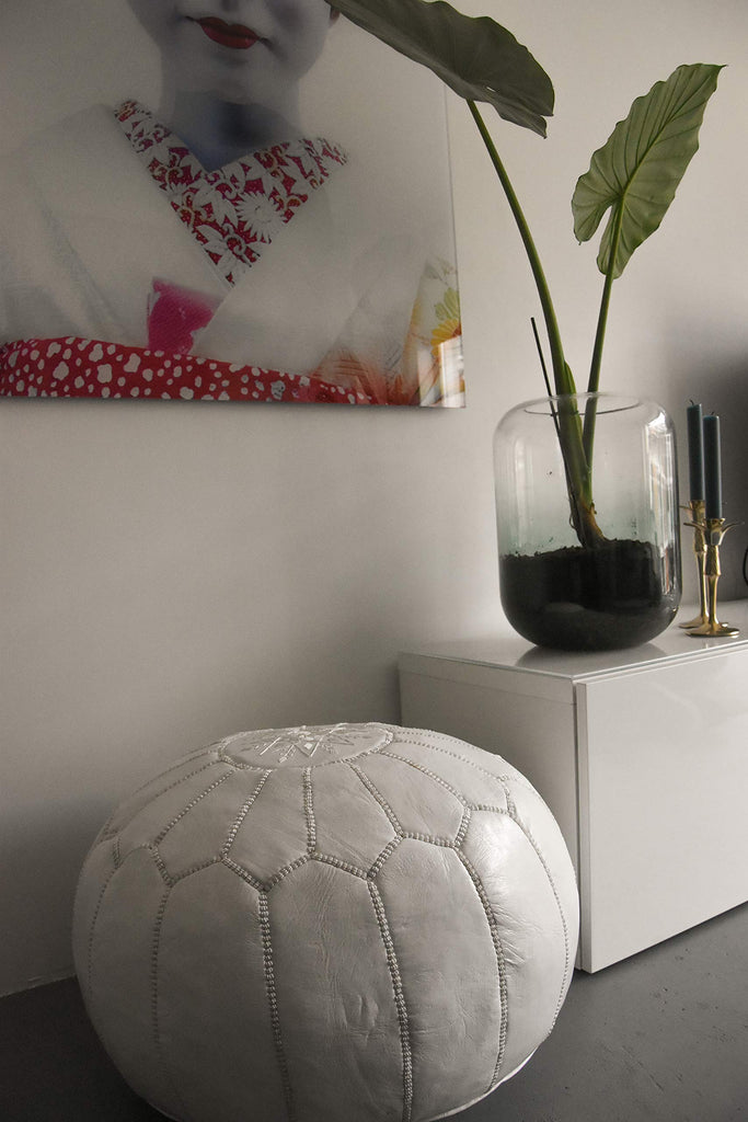 Premium Pouf - Handmade - Delivered Stuffed - Ottoman, Footstool, Floor Cushion (White)