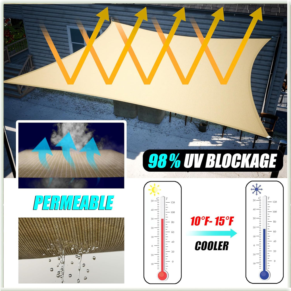 16' x 20' Beige Rectangle Sun Shade Sail Canopy Awning UPF50+ AGTAPR1620, 95% UV Blockage, Water & Air Permeable
