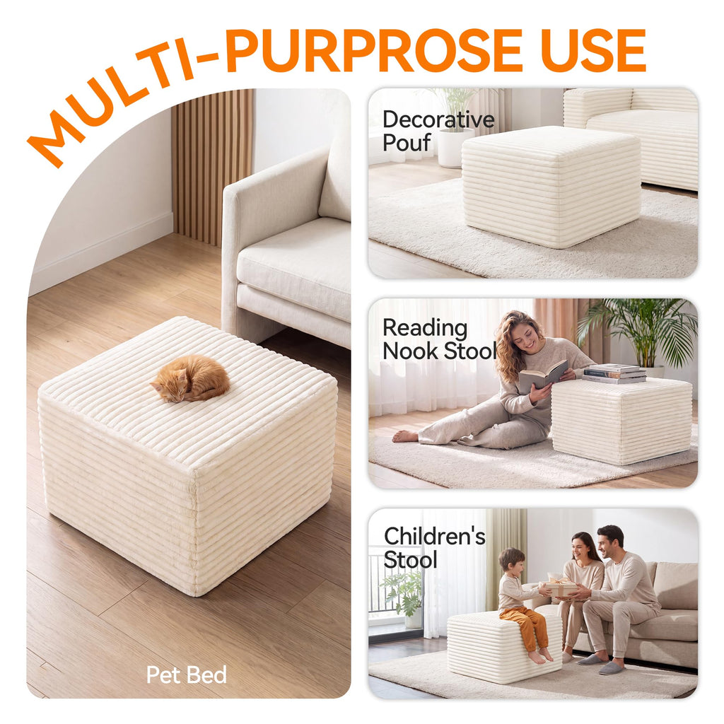 23in Square Pouf Ottoman, Large Corduroy Ottoman Foot Rest with Solid High-Density Foam, Removable Washable Cover
