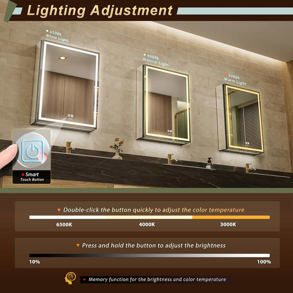 20 * 28 Left Hinge LED Bathroom Mirror Cabinet, Aluminum Medicine Cabinet | Light Adjustable, Sockets & USBs inside