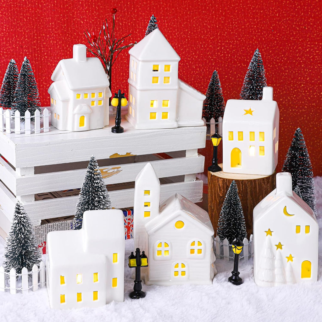 37 Pieces Porcelain Christmas Village Sets 6 Lighted Ceramic Houses with Remote Control LED Tealights, 14 Trees