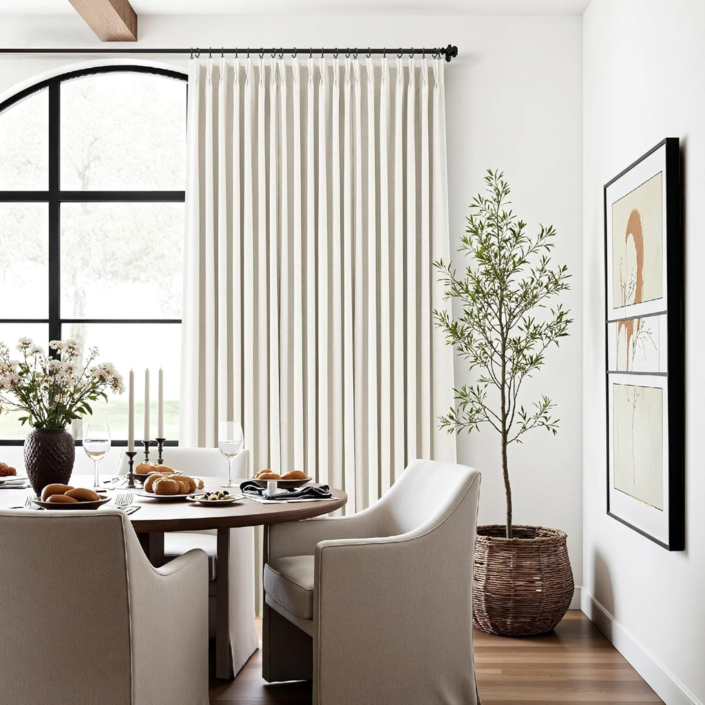 100% Blackout Linen Pinch Pleated Curtains 96 Inch Ceiling to Floor Ivory Beige Room Darkening Window Curtain for