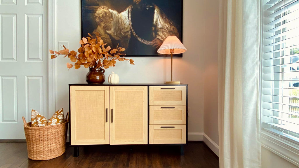 Black Rattan Cabinet with Doors, Buffet Sideboard Cabinet with Drawers, 2 Door Storage Cabinets