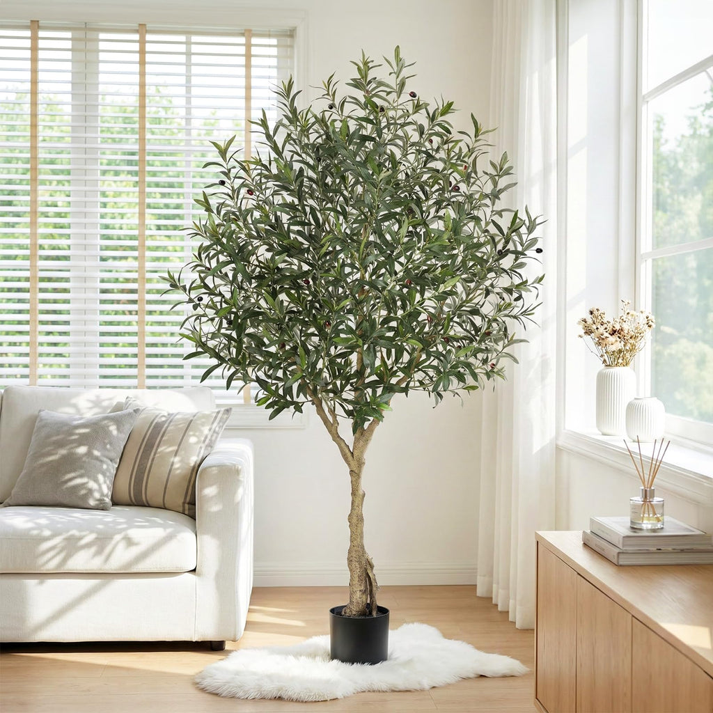 Artificial Olive Tree 7FT Indoor - Faux Olive Tree with Natural Wood Trunk & Realistic Leaves, Tall Potted Fake Olive