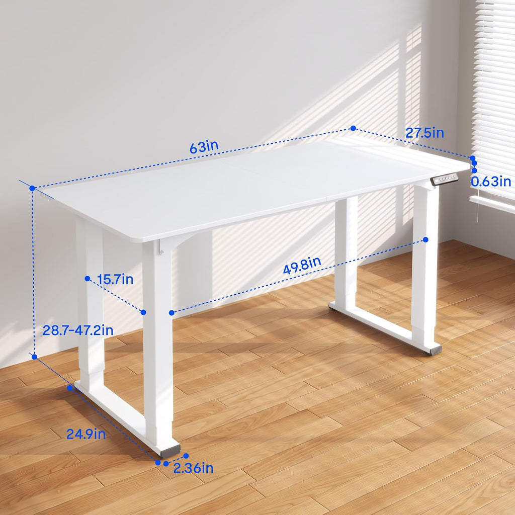 4-Leg Standing Desk, 63"x28", Electric Height Adjustable, White | Stable 4-Leg Frame, Spacious Workspace, Memory LED
