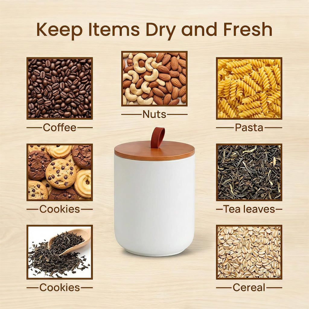 White Ceramic Food Storage Canister Set (30 oz, 48 oz, 82 oz) with Bamboo Lids, 3-Piece Airtight Jars for Flour - Set of 3