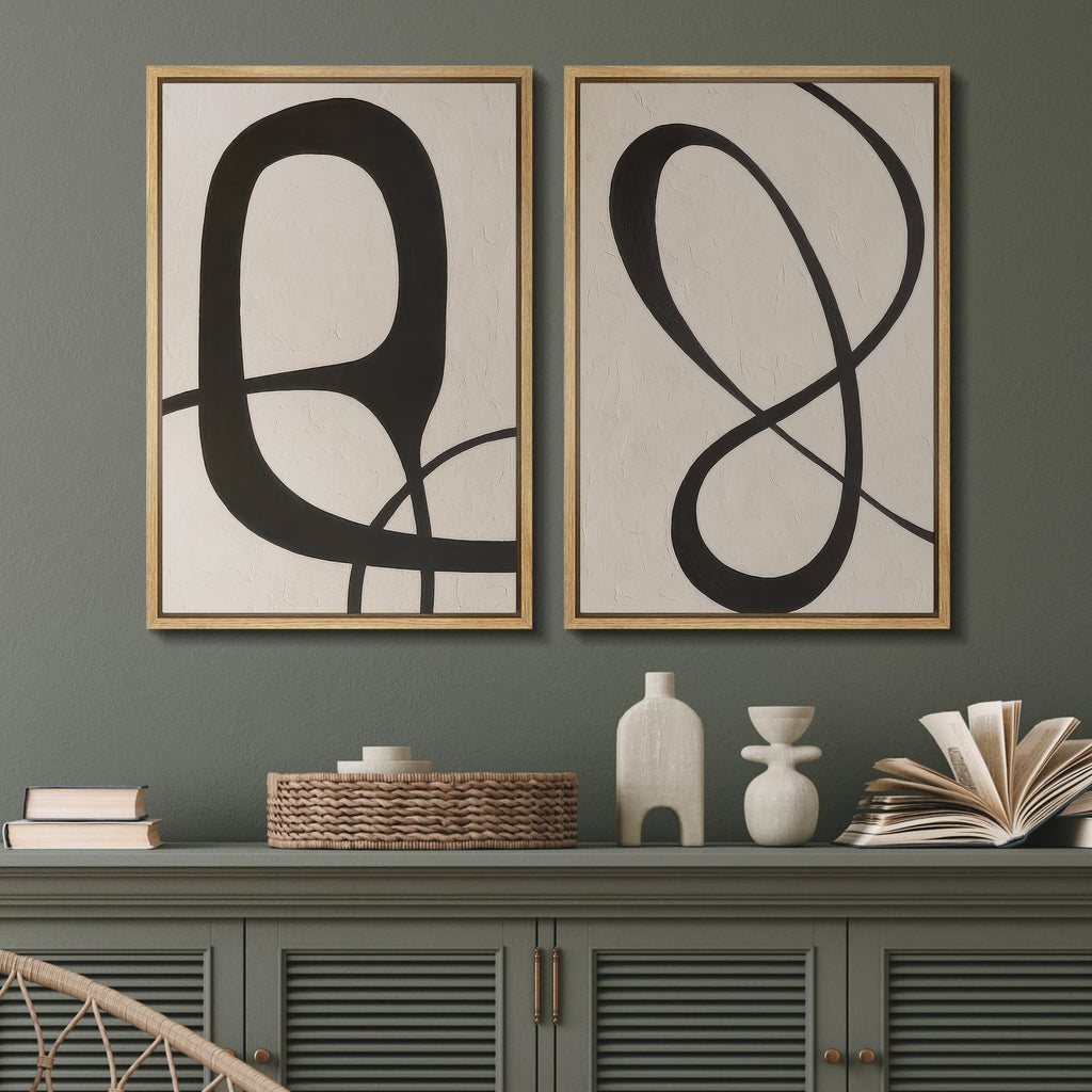 Framed Canvas Print Wall Art Set Abstract Minimalist Black Curved Line Abstract Illustration Modern Art Decorative