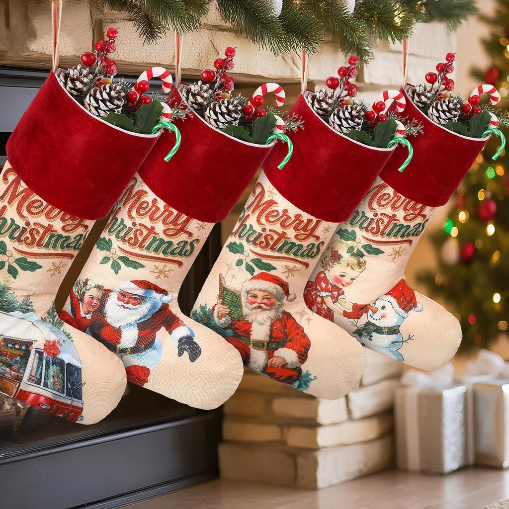 Vintage Christmas Stockings 18" Large Red Velvet Border - Set of 6