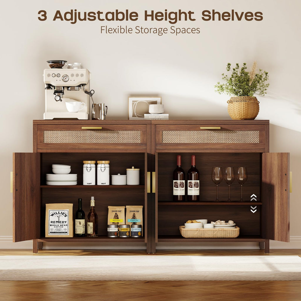 Rattan Buffet Cabinet with Storage, Sideboard with Drawers, Doors and Shelves, Accent Cabinet, Farmhouse Coffee Bar