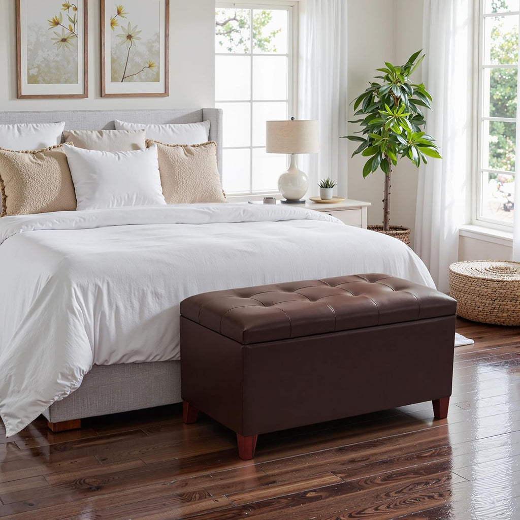 Storage Ottoman Bench, 33 Inches Faux Leather Rectangle Tufted Foot Stool for End Foot of Bed, Bedroom, Living Room